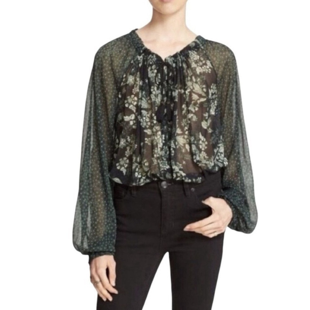 Free People Hendrix Sheer Floral‎ Boho Top Green Black Tassel Size S